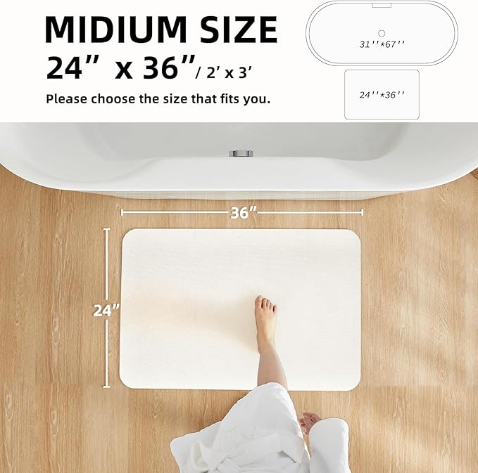 White Bath Mat, Bathroom Rugs Non Slip Washable Thin Absorbent Quick Dry Bath Mat Fits Under Door Bathroom Floor Mat Perfect for Bath, Shower, or Sink 36"x48" White