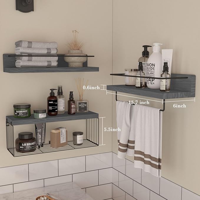 Bathroom Shelves Over Toilet for Wall, Floating Shelves with Storage Basket Paper Holer for Kitchen Living Room, Bedroom & Classroom, Set of 3 (Grey)