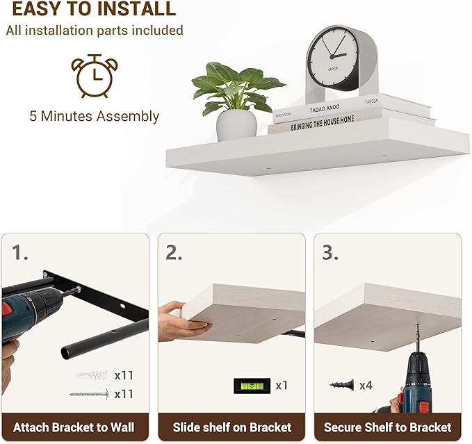 16 Inch Floating Shelves, 16"x9.25"x1.5" Inch Deep Floating Shelves for Wall, Wooden Shelves for Bathroom, Bedroom, Living Room, Cream White Oak, 2 Pieces