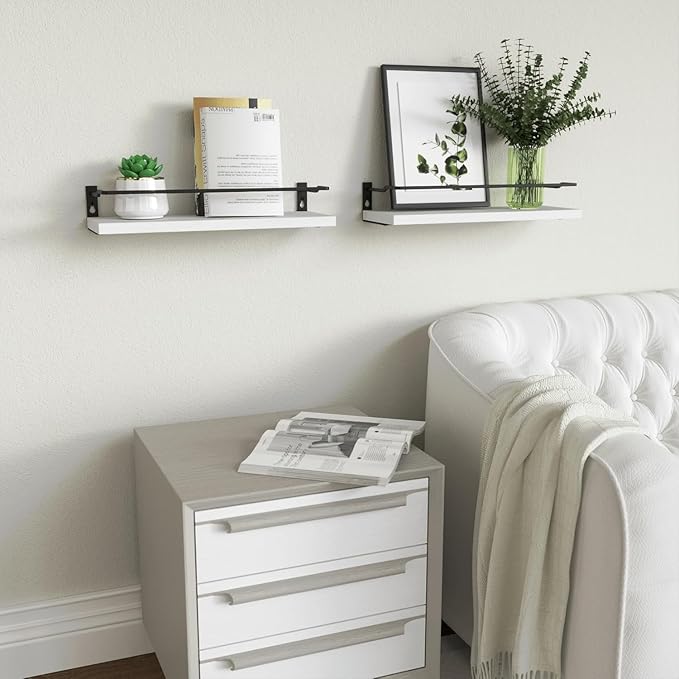 RICHER HOUSE White Bathroom Shelves, Small Floating Wall Mounted Shelf for Bathroom Decor, Guard-Rail Wood Shelving Organizer Over Toilet Kitchen Storage Shelves Set of 2 - White