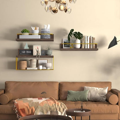 Bathroom Shelves Over Toilet for Wall, Floating Shelves with Storage Basket Paper Holer for Kitchen Living Room, Bedroom & Classroom, Set of 3 (Brown and Gold)