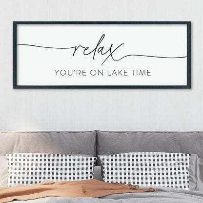 Relax You're On Lake Time Sign Wall Decor 40"×15" Lake House Bedroom Large Wood Framed Hanging Wall Art (Black)