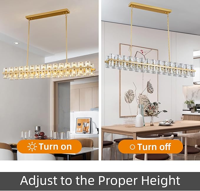 Crystal Brass Rectangle Chandeliers for Dining Room, 54in Gold Farmhouse Chandeliers for Dining Room, Modern Rectangle Crystal Chandelier for Kitchen Island Living Room, Includes 60XG4 Bulbs