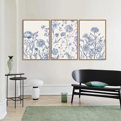 Tinonedraw Large Classic Chinoiserie Flower Framed Canvas Wall Art Set, Navy Blue and White Floral Wall Decor, Minimalist Neutral Botanical Art Printing for Living Room Bedroom Office Dorm 16"x24"x3