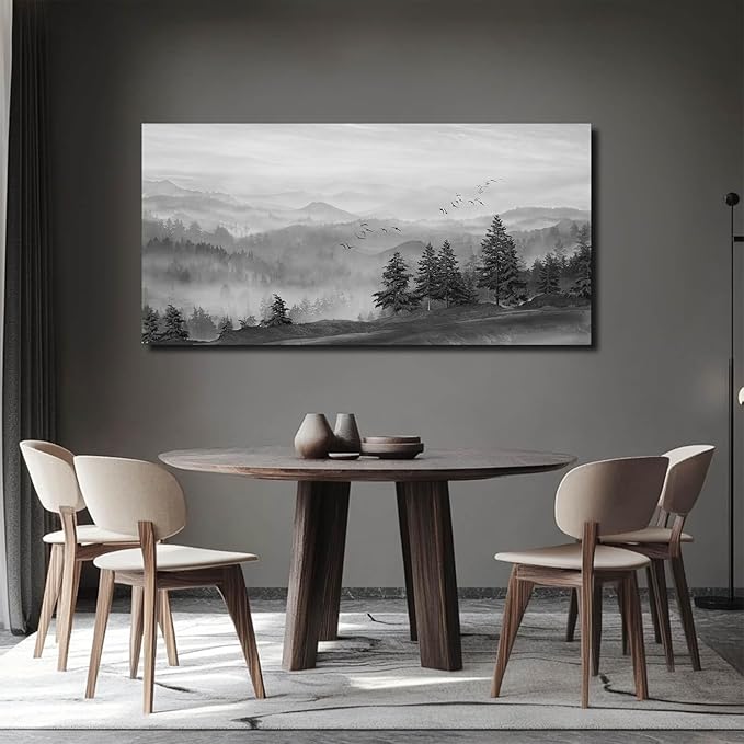 SOUGUAN Grey Pictures Wall Decor Forest Artwork Mountain Canvas Painting Landscape Wall Art Prints for Living Room Bedroom Home Hanging Decor 24x48 Inch