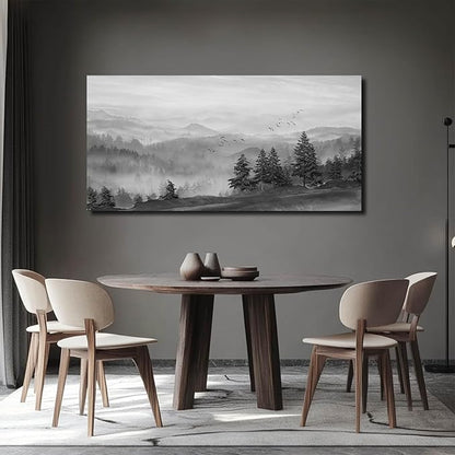 SOUGUAN Grey Pictures Wall Decor Forest Artwork Mountain Canvas Painting Landscape Wall Art Prints for Living Room Bedroom Home Hanging Decor 24x48 Inch