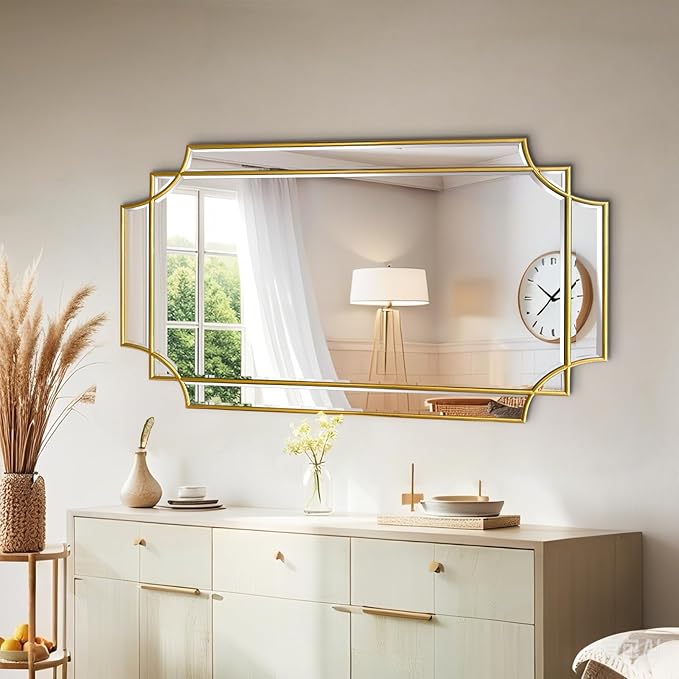 Wall Mirror Full Length, 47" x 24" Gold Framed Full Body Mirror, Scalloped Beveled Polished Decorative Mirrors, Large Rectangle Irregular Wall Mirror for Bathroom/Bedroom/Living Room/Entryway