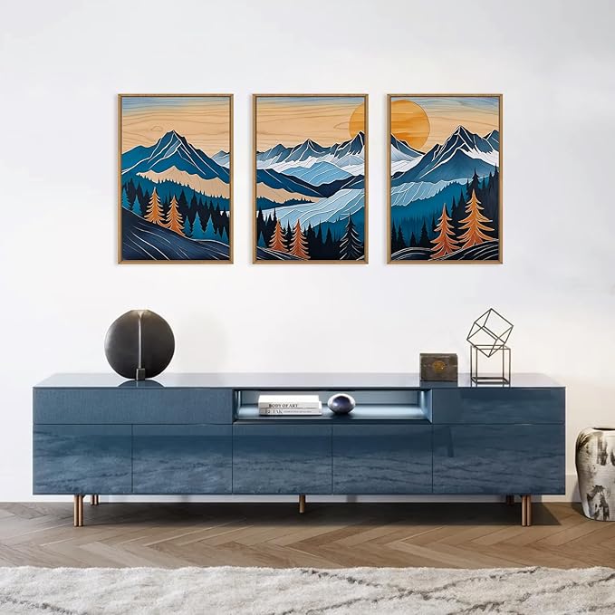 Celestdeco Blue Woodcut Mountain Framed Canvas Wall Art Set, Boho Abstract Ridge Wall Decor, Pine Tree Landscape Wall Painting, Sunrise Forest Art Print for Living Room, Bedroom, Office - 24"X36"X3