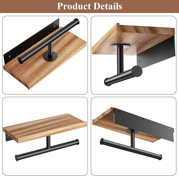 Tindbea Double Toilet Paper Holder with Wood Shelf, Wooden Wall Mount Toilet Paper Roll Holder, Matte Black Stainless Steel Bathroom Toilet Tissue Holder (Sapele, Matte Black)