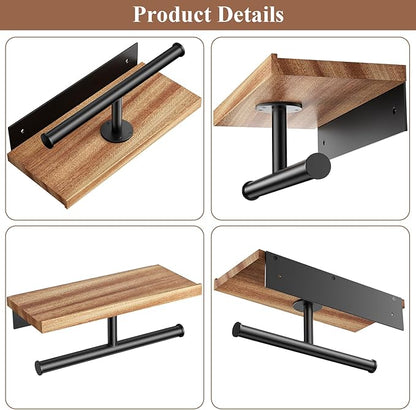 Tindbea Double Toilet Paper Holder with Wood Shelf, Wooden Wall Mount Toilet Paper Roll Holder, Matte Black Stainless Steel Bathroom Toilet Tissue Holder (Sapele, Matte Black)