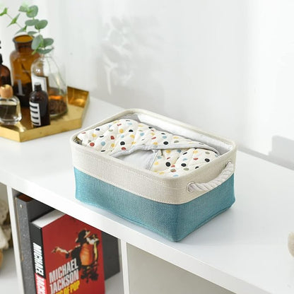 TheWarmHome Fabric Storage Bin with Handles,Storage Basket for Home Storage and Organization, Shelf Basket with Cover for Living Room Bedroom Decor Closet（White & Green,Small ,11.8L×7.9W×5.2H