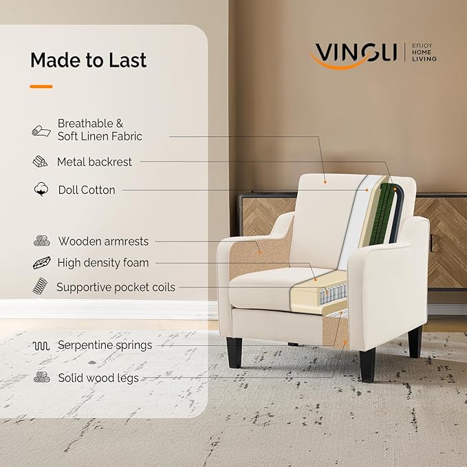 VINGLI Mid Century Modern Accent Chair, Beige Fabric Accent Chairs for Living Room Upholstered Armchair Sofa with Scooped Arms for Bedroom, Apartment, Studio, Office, Waiting Room