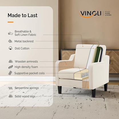 VINGLI Mid Century Modern Accent Chair, Beige Fabric Accent Chairs for Living Room Upholstered Armchair Sofa with Scooped Arms for Bedroom, Apartment, Studio, Office, Waiting Room