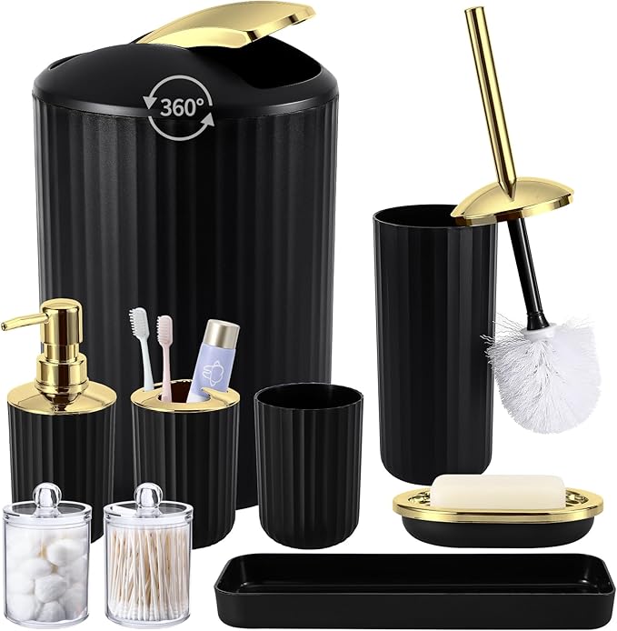 9PCS Black and Gold Bathroom Accessories Set Complete with Trash Can, Vanity Tray, Soap Dispenser, Soap Dish, Toothbrush Holder, Toothbrush Cup, Toilet Brush and Qtip Holders