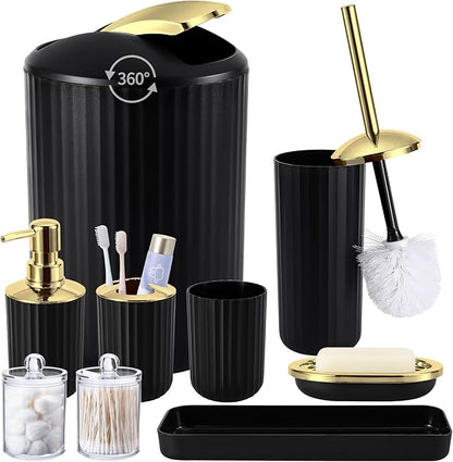 9PCS Black and Gold Bathroom Accessories Set Complete with Trash Can, Vanity Tray, Soap Dispenser, Soap Dish, Toothbrush Holder, Toothbrush Cup, Toilet Brush and Qtip Holders