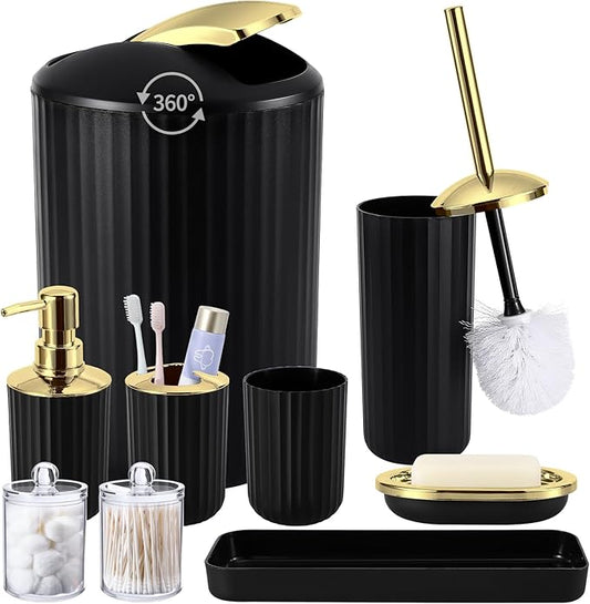9PCS Black and Gold Bathroom Accessories Set Complete with Trash Can, Vanity Tray, Soap Dispenser, Soap Dish, Toothbrush Holder, Toothbrush Cup, Toilet Brush and Qtip Holders