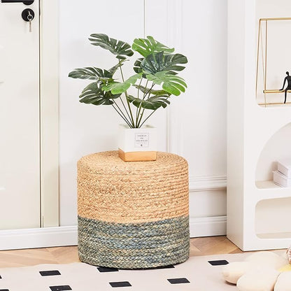 Wimarsbon 18'' Ottoman Pouf, Natural Braided Poof, Rustic Handweave Lounge Pouffe, Boho Footrest Stool for Bedroom, Accent Table or Seat for Living Room (Dusty Blue)