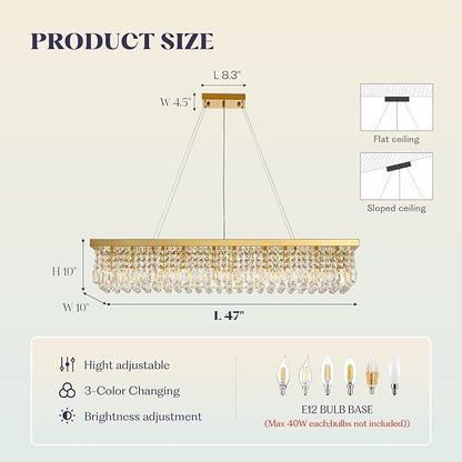 10 Lights Modern Crystal Chandelier, Gold K9 Rectangle Rectangular Chandeliers,Luxury Flush Mount Pendant Ceiling Light for Dining Room Kitchen Island L47''xW10''xH10''