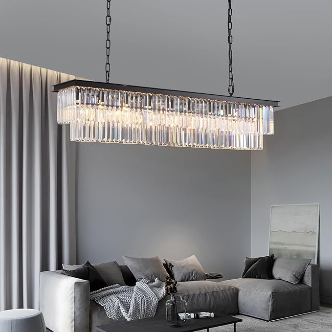 Rectangle Crystal Chandelier Black Modern Linear Chandelier Contemporary Pendant Light Fixture 8-Light Hanging Ceiling Light for Dining Room Living Room Kitchen Bedroom Foyer 47''
