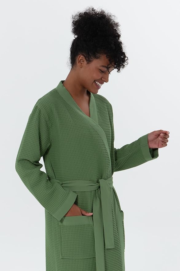 Women’s Luxury Waffle Shawl Collar, Hooded Robe w Piping – Lightweight, Long, Ultra Soft Spa Sleepwear Bathrobe