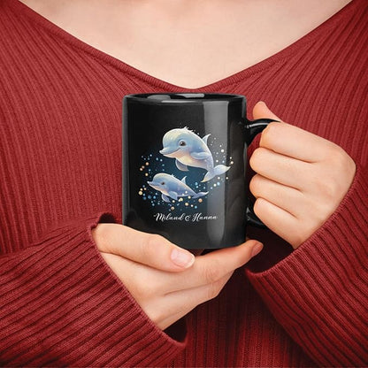 Custom Name Xmas Animal Cup, Cute Dolphins Swimming Design Mug 11oz 15oz, Customized Christmas Dolphins Black Cup, Personalized Animal Lover Coffee Mug, Gift For Newlyweds, Close Friend