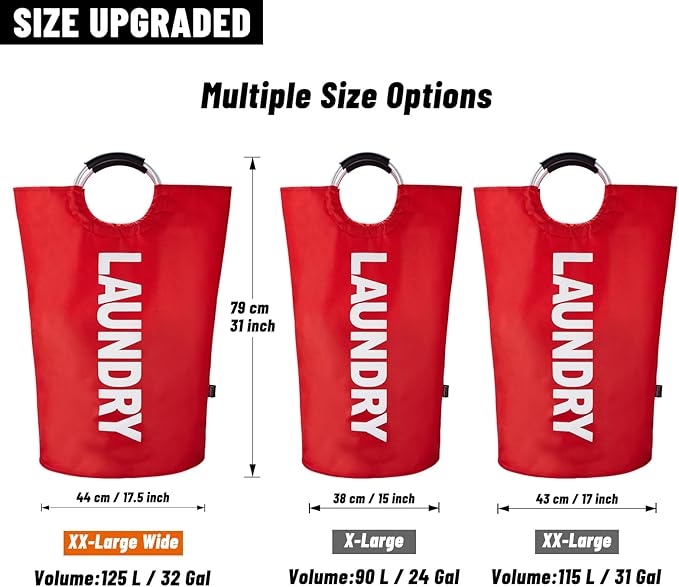 Caroeas 125L Laundry Basket,Large Laundry Hamper, Laundry Bag with Padded Handles, Clothes Hamper Stands Up Well, Collapsible Free Standing Easy Storage Washing Bin (Red,125L)