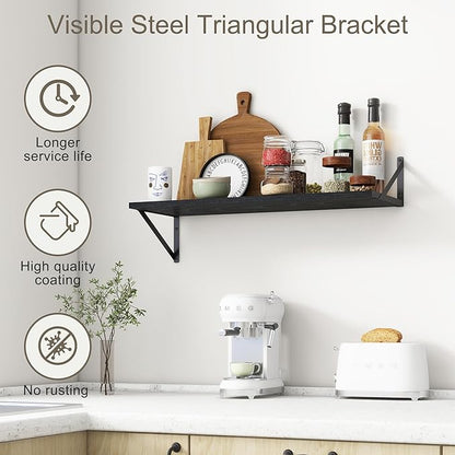 12 Inch Deep Floating Shelves, 30W x 12D Wall Shelves with Brackets, Black Floating Shelves 30 Inch Long, Rustic Wood Wall Shelf, Wide Storage Display Shelf for Kitchek, Living Room, Bathroom