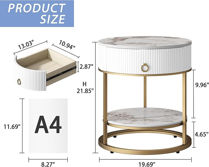 OIOG Round Side Table with Drawer, 2 Tier Night Stand with Shelf, Modern Side Table with Gold Legs for Living Room, Bedroom, Dorm, Marbling Natural Stone/Gold