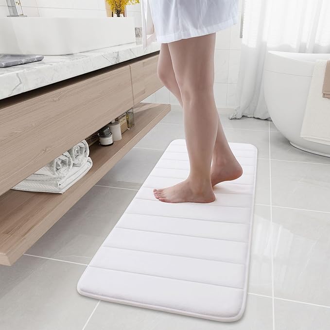 Buganda Memory Foam Bath Mat, 47" x 17", Ultra Soft and Non-Slip Bathroom Rugs, Water Absorbent and Machine Washable Bath Rug Runner for Bathroom, Shower, and Tub, White