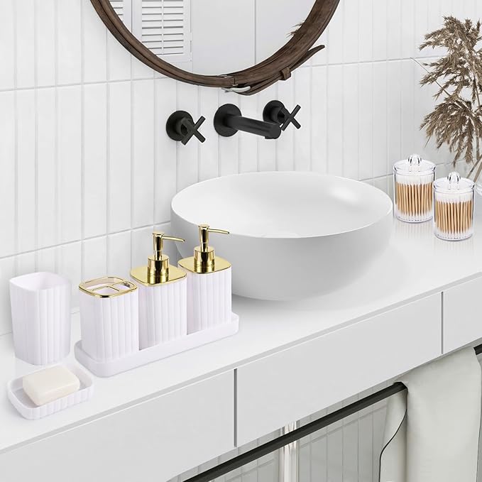 Bathroom Accessories Set - Gorgeous Bathroom Set, 10PC White Bathroom Accessory Set, Toilet Brush, Trash Can, Qtip Holder Dispenser & Soap Dispenser