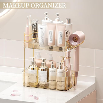 2 Tier Gold Bathroom Counter Organizer with Hair Dryer Holder, Skincare & Makeup Organizer, Cosmetics Shelf for Vanity Tray