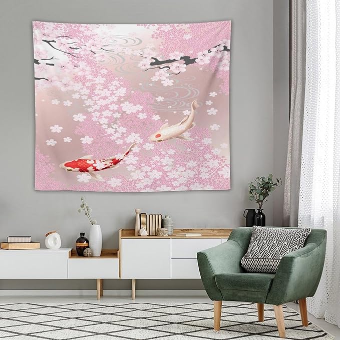 Houselerax Japanese Koi Fish Tapestry, Cherry Blossoms Asian Oriental Pink Flower Branch Koi Fish Carp Tapestries Wall Hanging for Bedroom Living Room Office Decor 60"x50"
