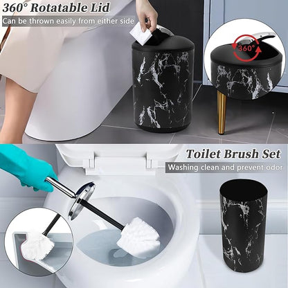 Black Marble Bathroom Accessories Set, Black Bathroom Set with Trash Can, Vanity Tray, Soap Dispenser, Soap Dish, Toothbrush Holder, Toothbrush Cup, Toilet Brush and Qtip Holders for Bathroom