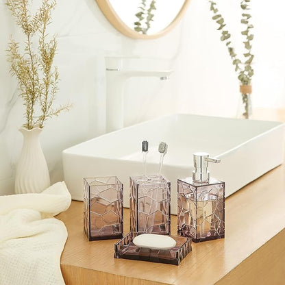 Clear Acrylic Bathroom Accessories Set - Rust-Free, Transparent Design - Includes Soap Dispenser, Toothbrush Holder, Cup, Soap Dish, and Toilet Brush 5-Piece (Lavender Purple)