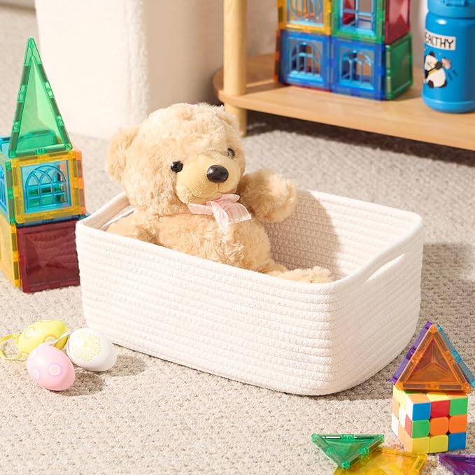 Small Storage Baskets for Organizing | Closet Organizer Bins | Shelf Toy Basket | Woven Rope Baskets | Cube Decorative Box | Shallow Basket | 13x8.5x5.1” | 4 Packs Off White