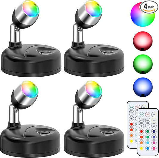 Wireless RGBW Spot Lights Indoor Decor, 4 Pack Floor Uplighting Indoor, 13 Color Changing Tree Light, Picture Light with Remote and Timer, Accent Lights for Plant Christmas Holiday Party