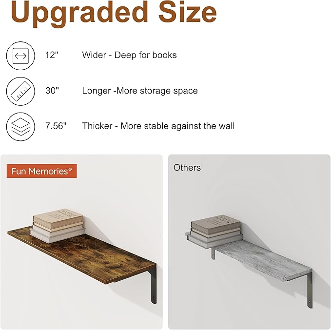 30" W x 12" D Floating Shelves for Wall, Deep Wall Shelves with Visible Bracket for Books, Plant, Large Deep Bathroom Shelf for Storage & Display, Rustic Brown, Set of 2