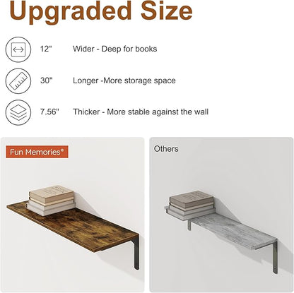 30" W x 12" D Floating Shelves for Wall, Deep Wall Shelves with Visible Bracket for Books, Plant, Large Deep Bathroom Shelf for Storage & Display, Rustic Brown, Set of 2