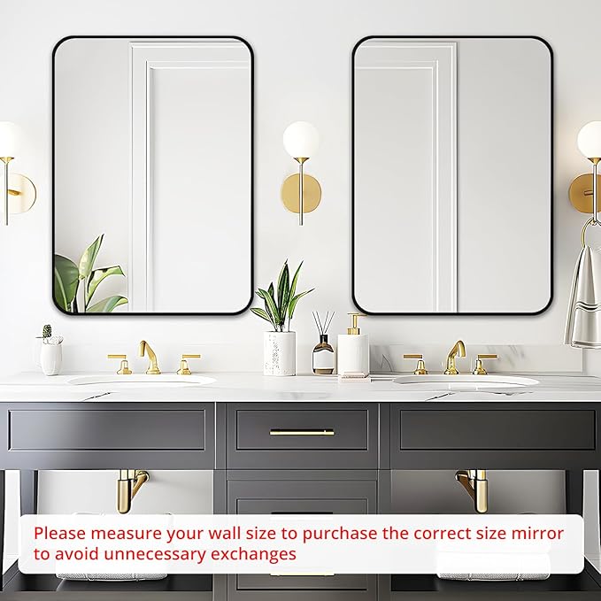 Fabuday Black Bathroom Mirror for Over Sink - 20x28 Rounded Rectangle Wall Mirror, Matte Metal Framed Vanity Rectangular Mirrors for Bedroom, Living Room, Entryway Decor, Horizontally/Vertically
