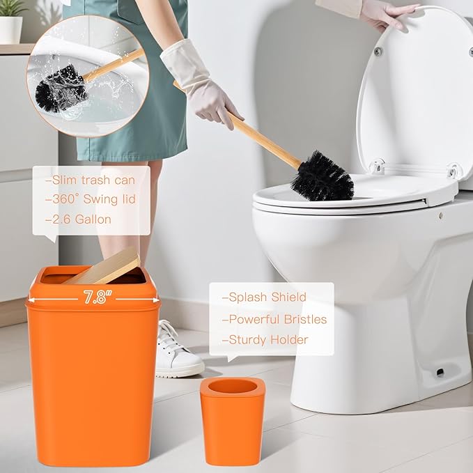 Orange Bathroom Accessories Set 9 Piece Bathroom Accessory Set with Trash Can,Toothbrush Holder,Toothbrush Cup,Lotion Soap Dispenser,Vanity Tray,Soap Dish,Toilet Brush,Qtip Holder