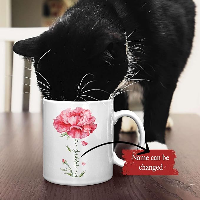 Personalized Floral Carnation Mug, Customized Name On Flower Coffee Cup, Unique Ceramic Tea Mug 11oz Or 15oz, Custom Carnation Flower Accent Cup, Gift For Daughter Mother