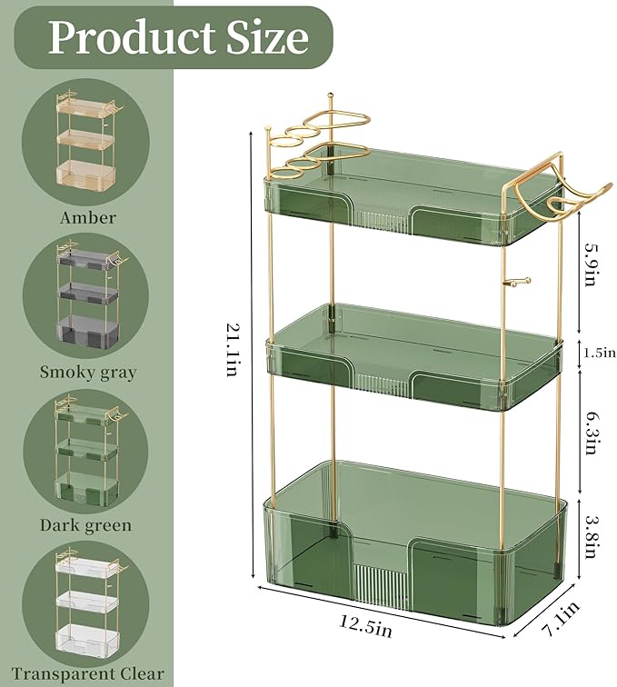 Bathroom Counter Organizer with Hair Dryer Holder, Hair Tool Countertop Storage, Cosmetics Skincare Shelf Organizer, Makeup Organizer Perfume for Dresser Vanity Tray(3 Tier-Green)