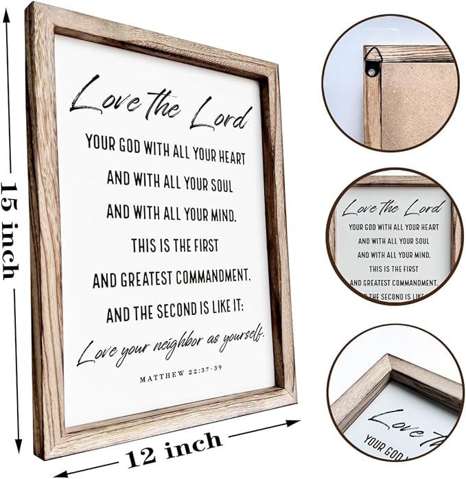 Christian Wall Plaque, Master Bedroom Decor Above Bed, Rustic Farmhouse Christian Decor, Matthew 22:37-39 Signs, Framed Wall Plaque Sign 15 * 11.5 inches, Love the Lord Sign