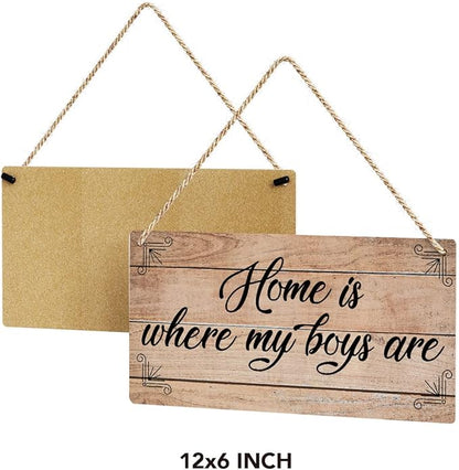 SENJIAN Rustic Family Quote Wood Decor Sign, Home is Where My Boys are Printed Wood Sign Wall Art, Hanging Door Sign, Decorative Wood Sign Home Decor 6" x 12"