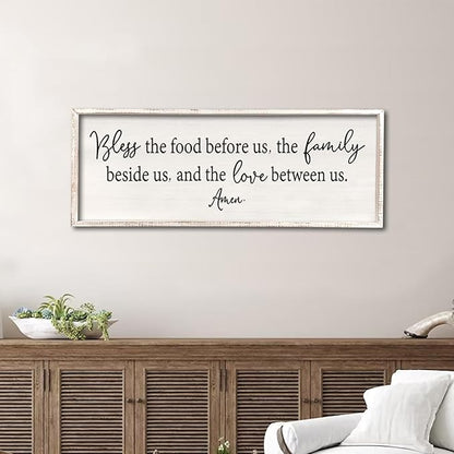 Bless the Food Before Us Sign Wall Decor 40"X15" Large Farmhouse Dining Room Wall Decor Framed Wood Rustic Home Wall Art Kitchen Decoration (White)