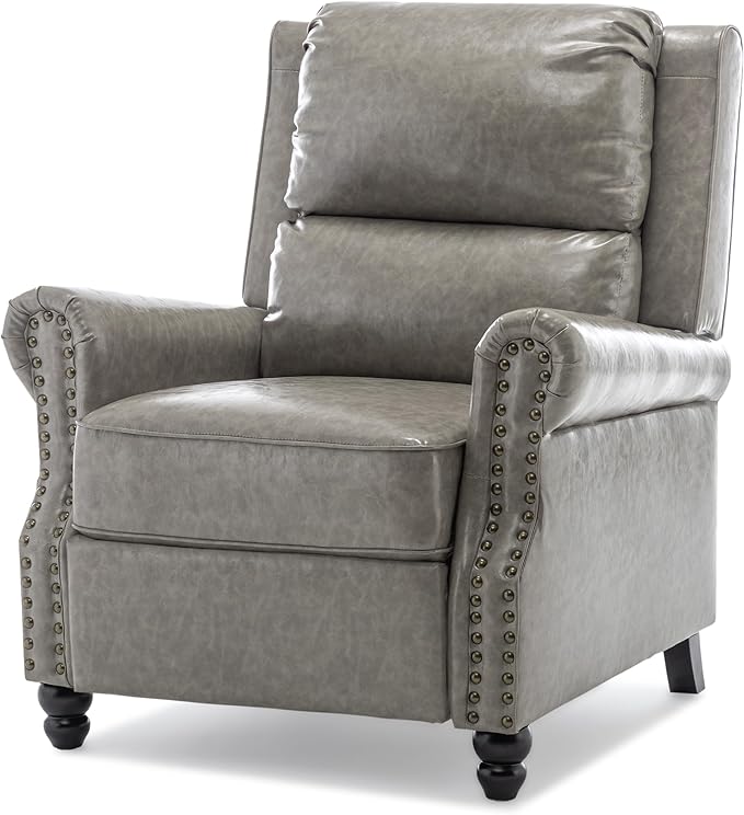 UIXE Pushback Recliner Chair, Faux Leather Armchair Push Back Accent Chair, Rivet Trim Club Chair Home Theater Overstuffed Single Sofa Reading Seat for Living Room, Gray