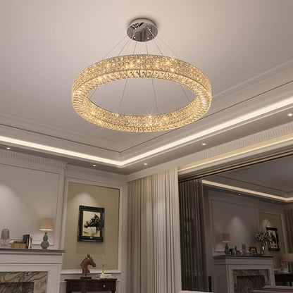 Dia 40" Modern Crystal Chandelier Light Fixtures Silver Luxury Chandeliers for Dining Room Round Hanging Pendant Lighting for Living Room Kitchen Entryway Bedroom