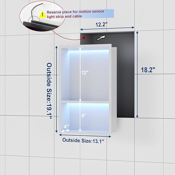 Stainless Steel Shower Niche 12" X 18", No Tile Needed Wall Niche with RGB Led Light, Recessed Shower Shelf for Bathroom Storage Over Mount Installation, Matte White