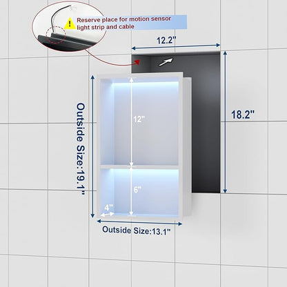 Stainless Steel Shower Niche 12" X 18", No Tile Needed Wall Niche with RGB Led Light, Recessed Shower Shelf for Bathroom Storage Over Mount Installation, Matte White