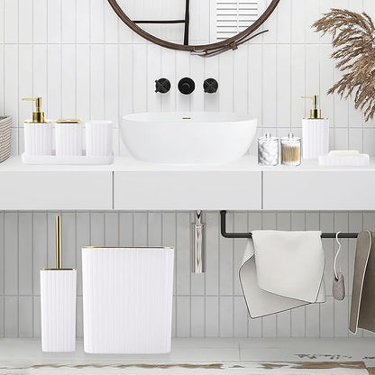 Bathroom Accessories Set - Gorgeous Bathroom Set, 10PC White Bathroom Accessory Set, Toilet Brush, Trash Can, Qtip Holder Dispenser & Soap Dispenser